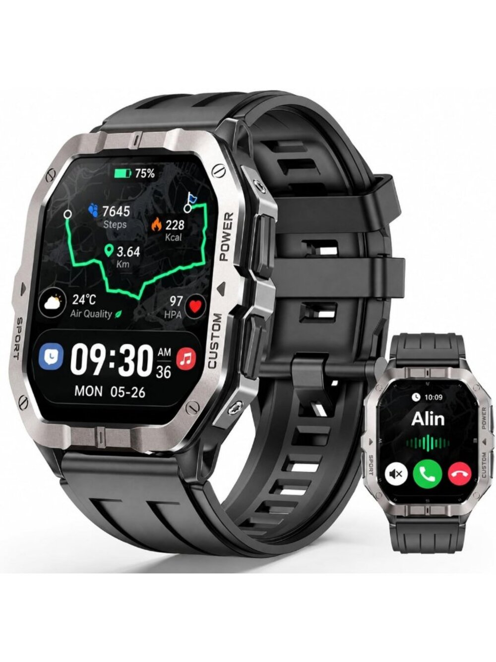 Rugged Outdoor Fitness Smart Watch with Built-in GPS for Men, 2.02" Display